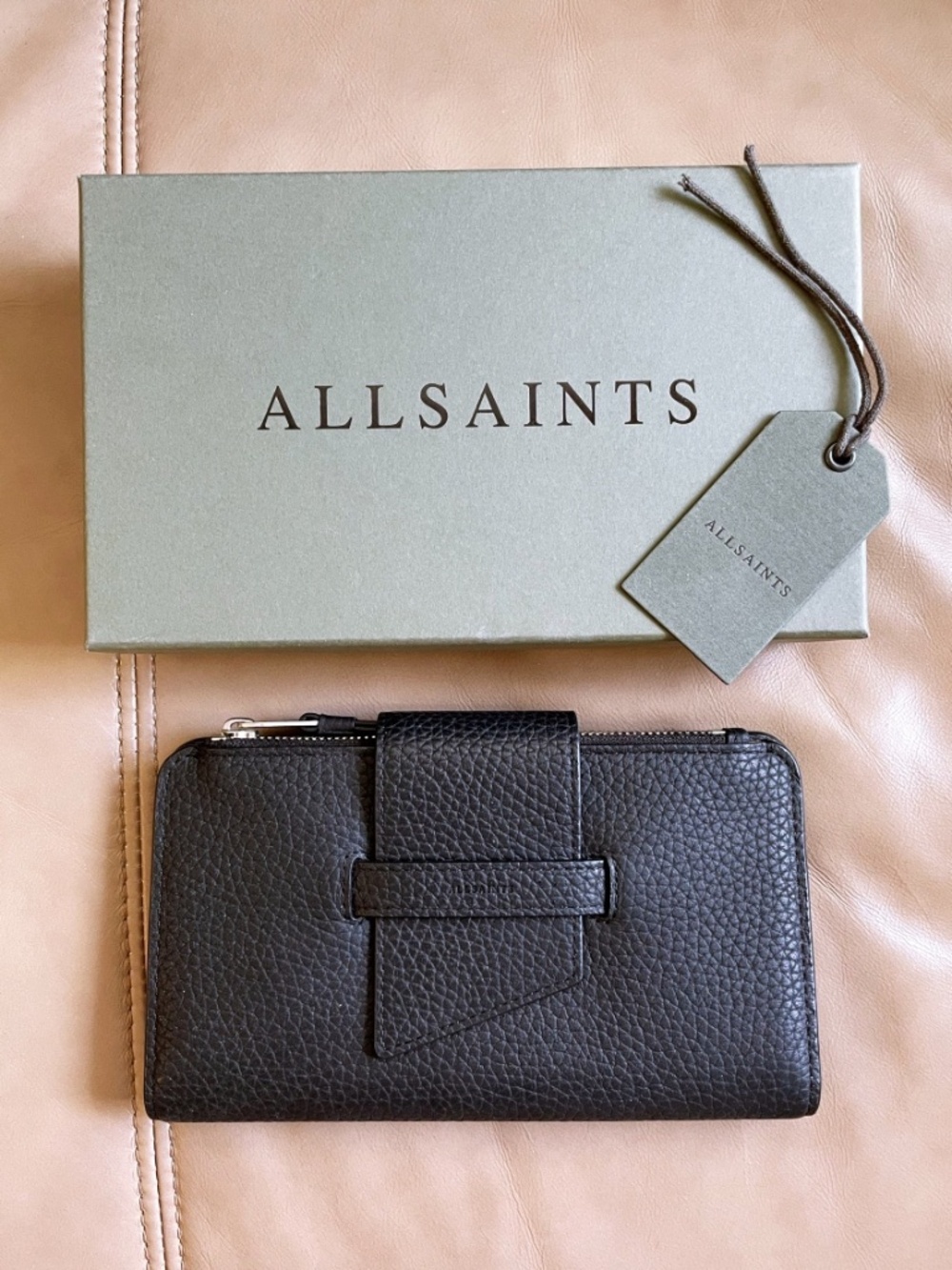 AllSaints Full Grain Genuine Premium Leather Wallet Black Full Size in Gift Box